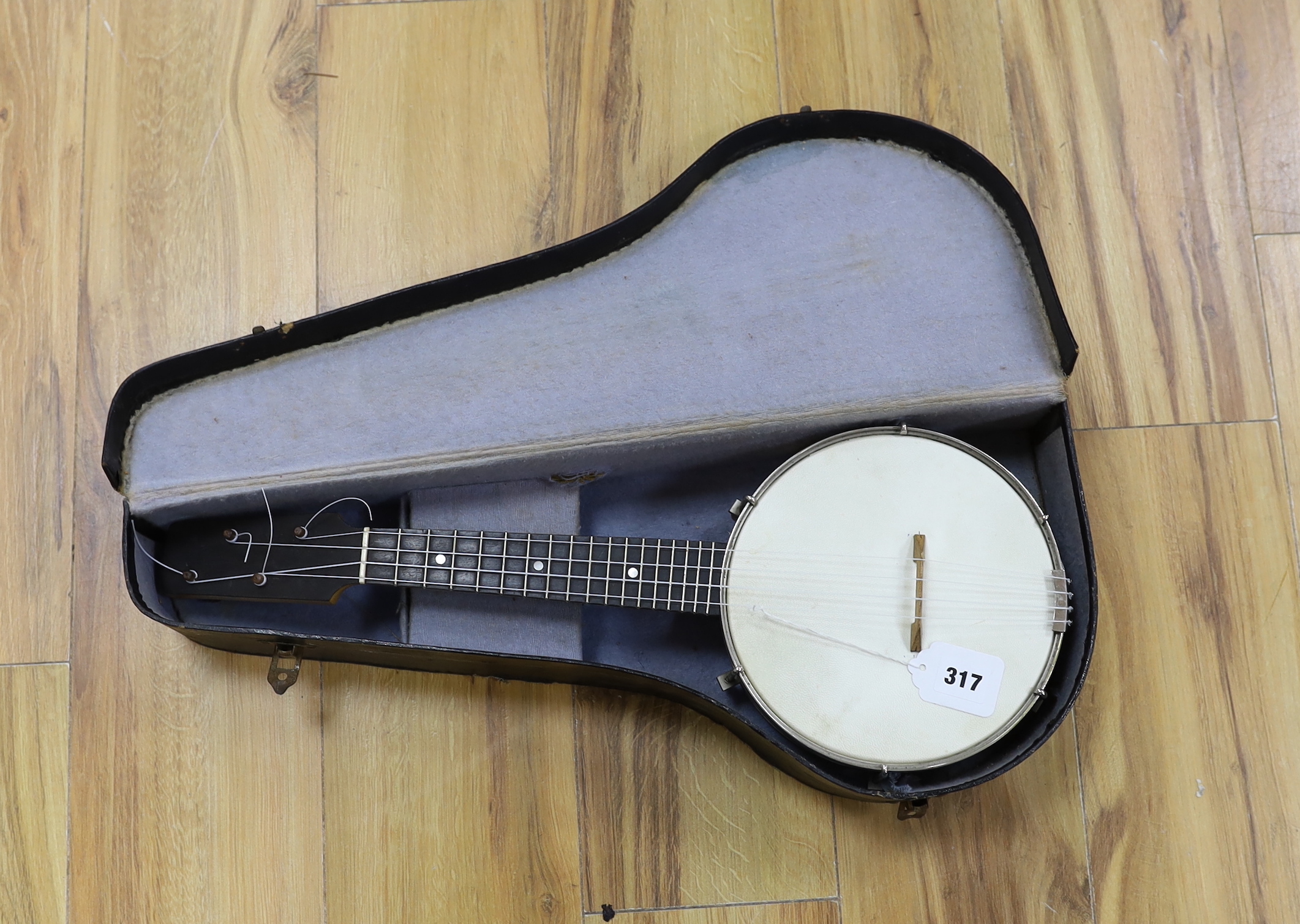 A cased banjo ukulele